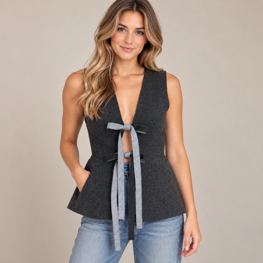 Gianni Bini Lilly Sisto Vest Womens 8 Grey Beckett Reversible Peplum Tie Front